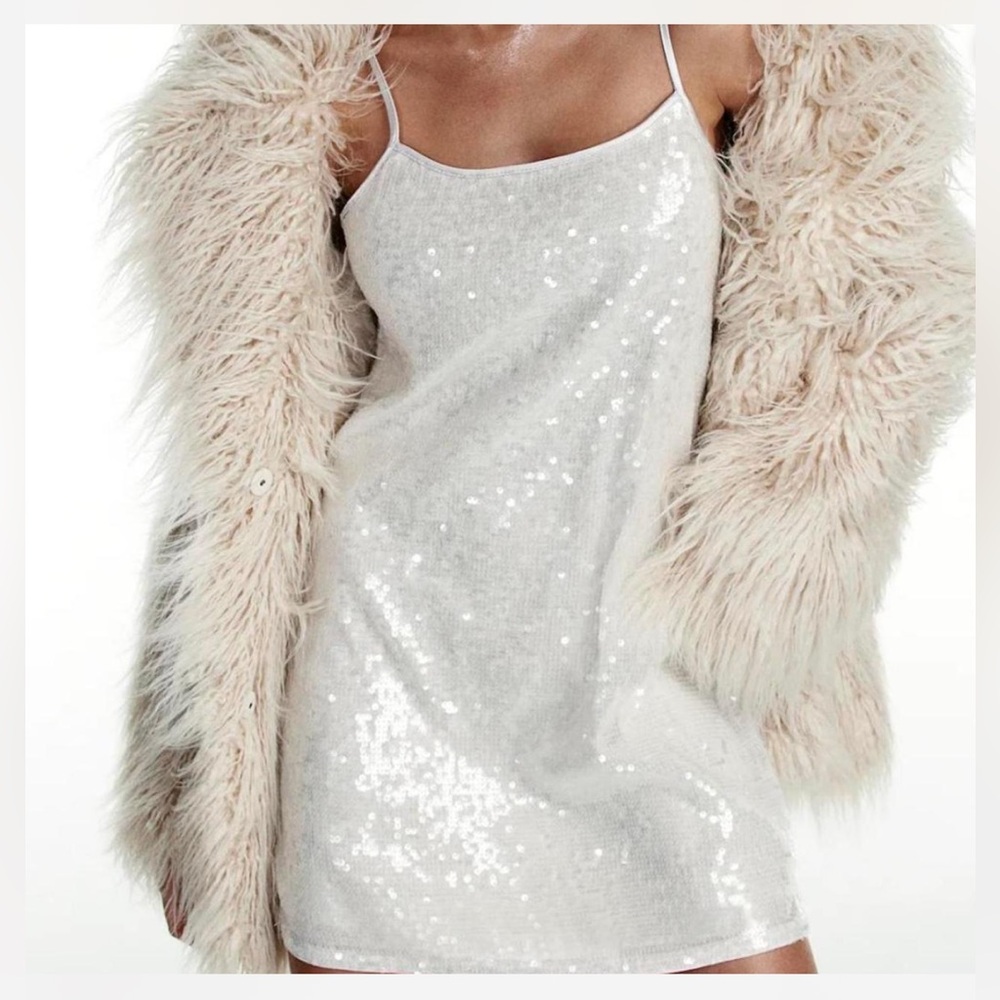 H&M White Silver XS Sequin Mini Dress Spaghetti Straps - NWOT